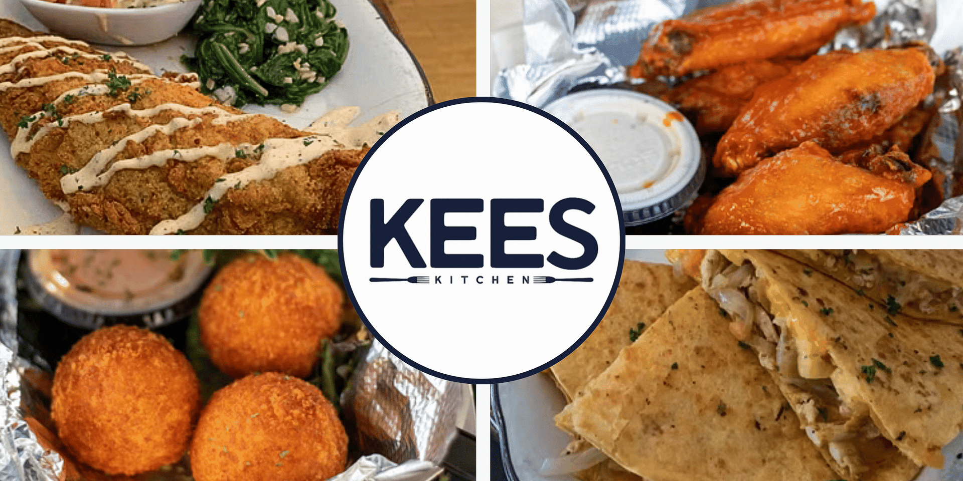 Four dishes from KEES Kitchen: fried chicken with spinach, buffalo wings, arancini, and quesadillas.